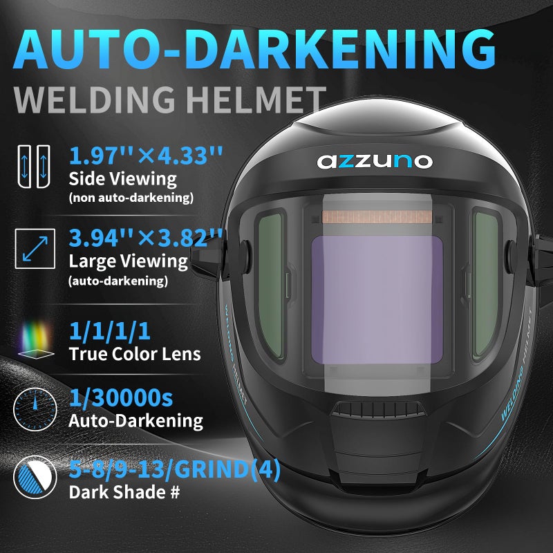AZZUNO Auto Darkening Welding Helmet, Large Viewing 3.94""  3.82"" with Side View 1.97""   3.82"", Solar Powered Welding Hood Mask with Wide Shade 4/5-8/9-13 for TIG/MIG/STICK Weld/Cut/Grind - Image 2